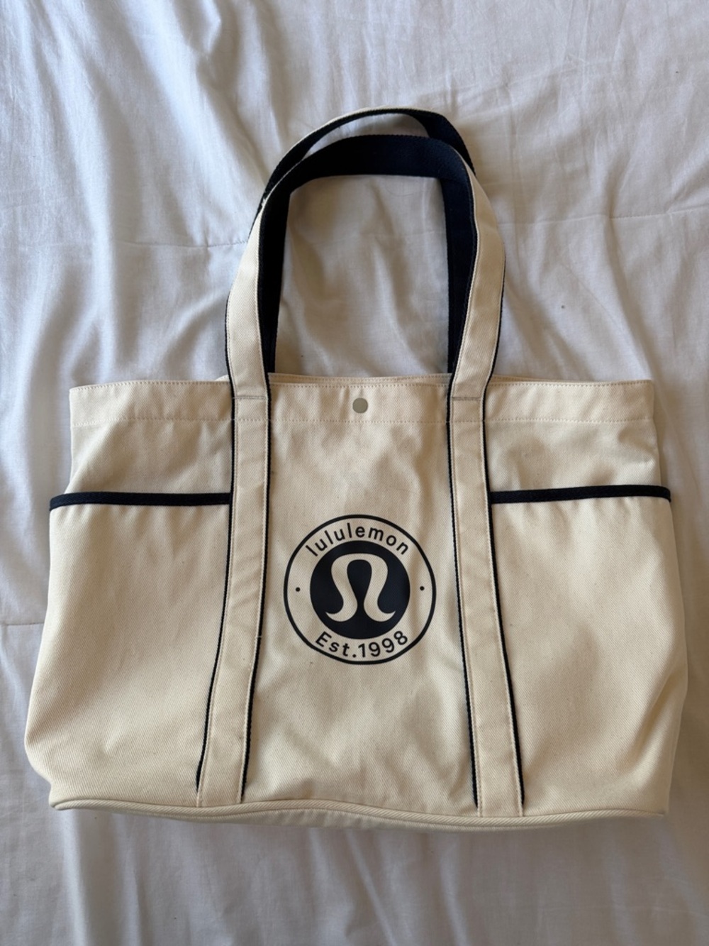 lululemon Cream Canvas Tote with Navy Trim and Logo